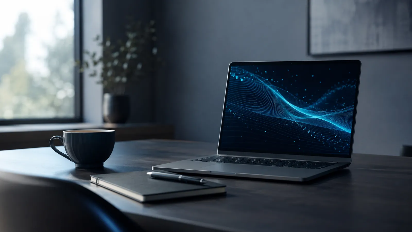 Schreibtisch mit Laptop, Notizbuch und Kaffeetasse, Datenvisualisierung auf dem Bildschirm, ruhiges Morgenlicht, 16:9