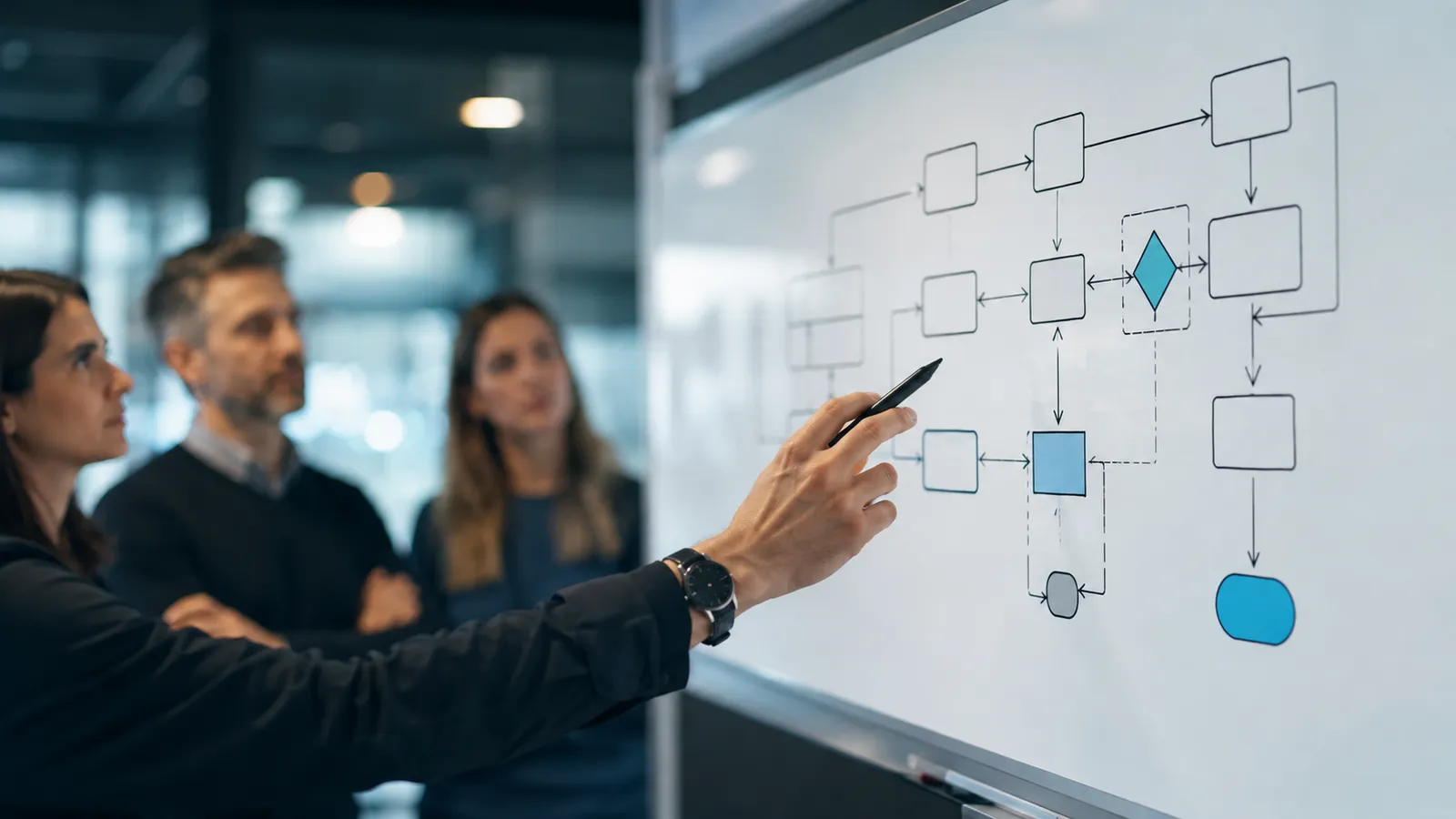 Team an einem Whiteboard, Prozessdiagramm mit Pfeilen, warmes Büro-Tageslicht, unscharfer Hintergrund, 16:9